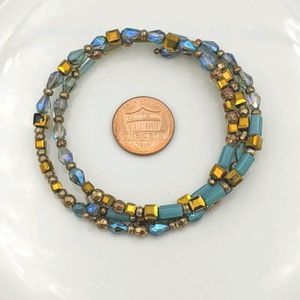 Blue and Gold 3 Wrap Crystal Beaded Bracelet